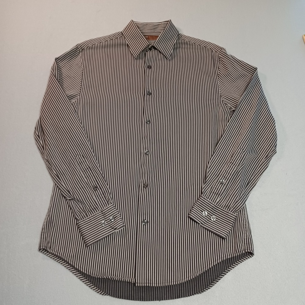 Perry Ellis Mens Brown White Striped Button Down Shirt Long Sleeve Cotton‎ Small